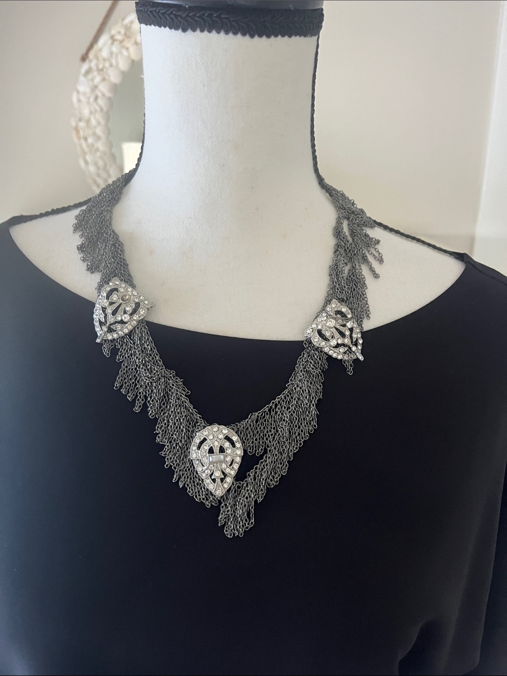 Vintage VALE Necklace Made in NYC Pewter Color Chain Rhinestone Accents